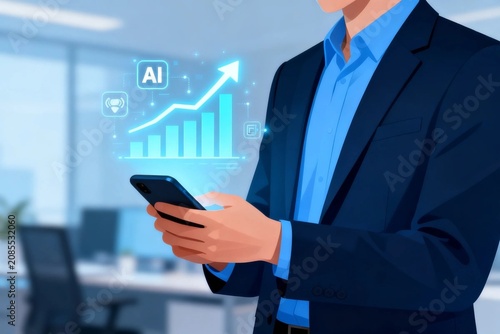 Businessman Using AI on Smartphone with Growth Chart