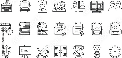 Black and white line collection of science technology education and symbols des