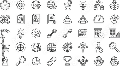 Black and white line collection of various and symbols clock camera desi