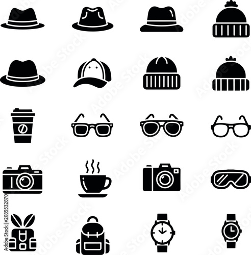 Obraz na plátne Minimalist black travel icons representing curated adventure gear for organized exploration in a flat lighting style on white