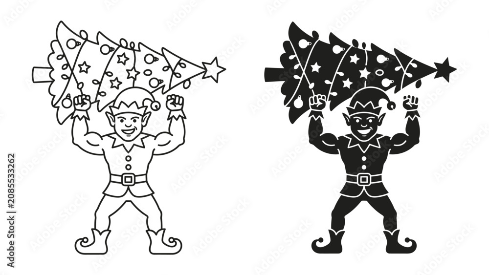 Obraz premium Christmas Elf Carrying Decorated Tree: A cheerful Christmas elf, depicted in both outline and silhouette, proudly carries a decorated Christmas tree above his head.