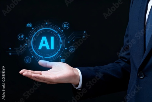 Businessman presenting AI hologram technology