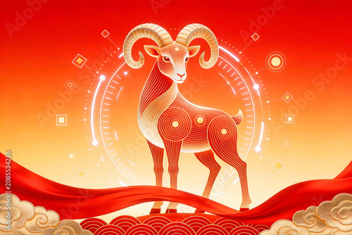 Glowing Wireframe Zodiac Sheep On Red Gradient Silk Cloud Background