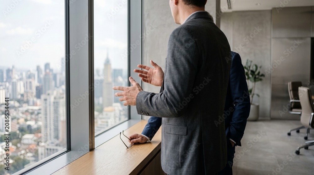 Fototapeta premium Professional businessmen in grey suits discussing corporate strategy while standing in a modern high rise office
