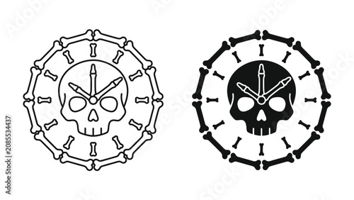 Obraz na plátne Skull Clock Icon Set: A stylized graphic icon featuring a skull as the clock face, encircled by a border of bone segments, presented in both outline and solid fill versions