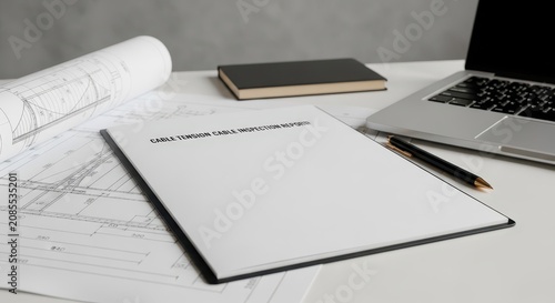 Engineering Cable Tension Inspection Report Document on Office Desk with Blueprints and Notebook