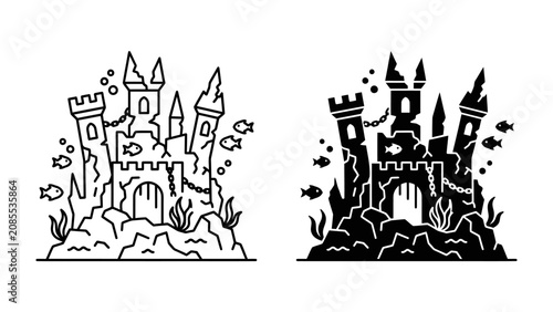 Quadro su tela Underwater Castle Ruins: An artistic illustration depicting the crumbled remains of an ancient castle submerged beneath the ocean waves