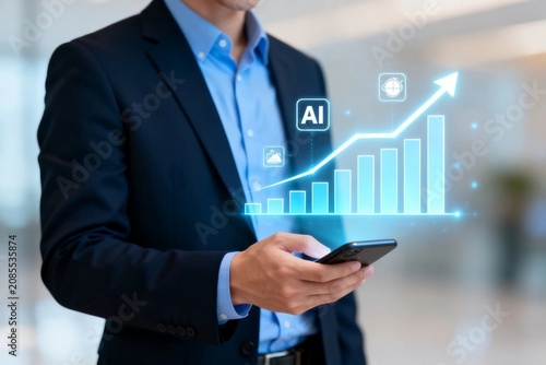 Businessman with AI Growth Chart on Smartphone