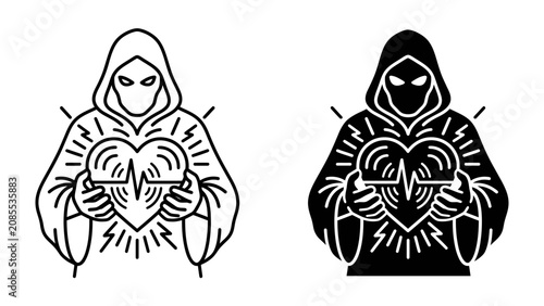 Obraz na plátně Mysterious Heartbeat Guardian: An enigmatic figure cloaked in a hooded robe holds a radiant heart with a pulsating cardiogram and radiating energy lines