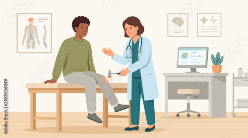 Doctor examining patient's knee reflex in medical office