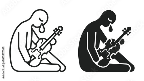 Obraz na plátně A Lone Musician's Lament: A stylized figure sits in quiet despair, a violin resting in its lap, tears flowing, embodying sorrow and artistic expression