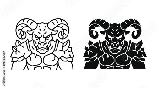 Tableau sur toile Minotaur Emblem: A fierce minotaur warrior, depicted in both outline and silhouette, ready for battle with formidable horns and armored chest, embodying strength and mythical power