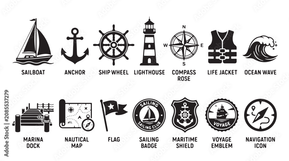 Naklejka premium Nautical icons, sailing symbols, marine signs, vector graphics