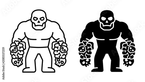 Fotografía Monster Warrior Duo: A powerful, muscular monster with a skull for a head and a body made of skulls holds its ground, presented in both a line art and a solid black silhouette for maximum impact