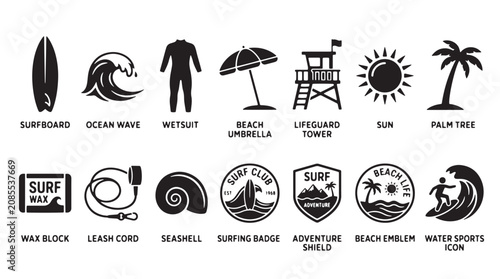 Schilderij op canvas Beach icons, black vector set, 16 symbols, surfing, ocean, summer elements