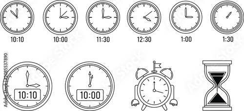Black and white of analog clock faces with times and hands clock hands time 1010 desi