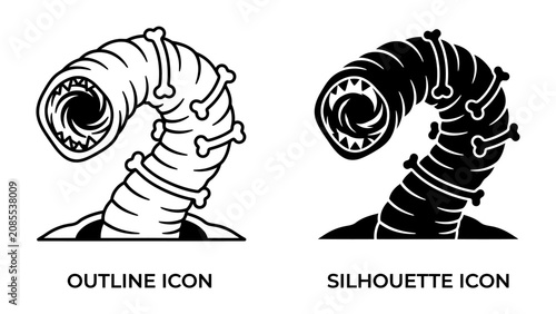 Bild auf Leinwand Monstrous Worm Icon Set: Two stylized illustrations of a monstrous worm emerging from the ground, presented as both an outline icon and a solid silhouette, ideal for games or graphic design