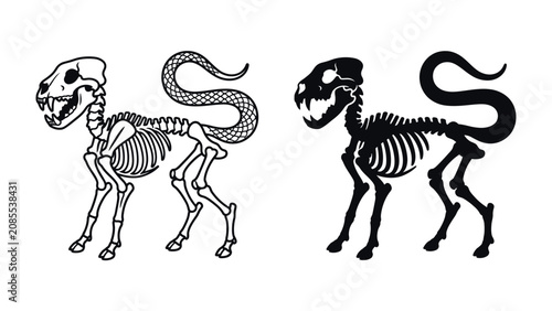 Εκτύπωση καμβά Mythical Beast Skeleton: A dual-toned illustration showcases the skeletal structure of a fantastical creature, merging reptilian and mammalian features with a serpent-like tail and a menacing skull