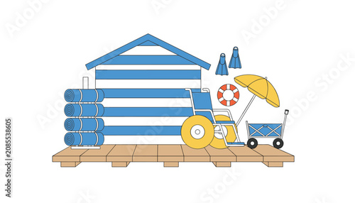 Beach accessibility station features a boardwalk with a beach house, a wheelchair, an umbrella, swimming flippers, and a cart for beach gear.