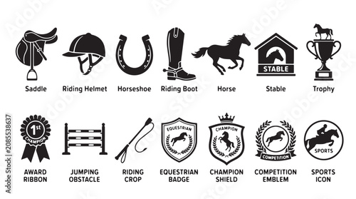 Schilderij op canvas Equestrian icons, horse riding symbols, horse equipment, equestrian sports graph