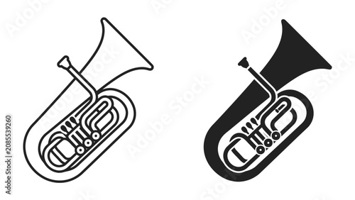 Canvas Print Tuba Iconography: A clear illustration of a tuba in both line art and silhouette, showcasing the iconic brass instrument with its intricate valves and bell