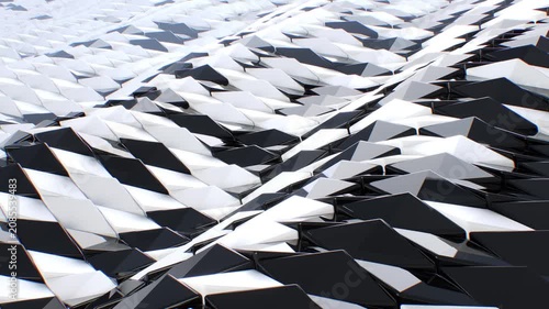 3D animation of abstract black and white low poly geometric surface waving in seamless loop. Elegant monochrome polygon background for tech or corporate video.