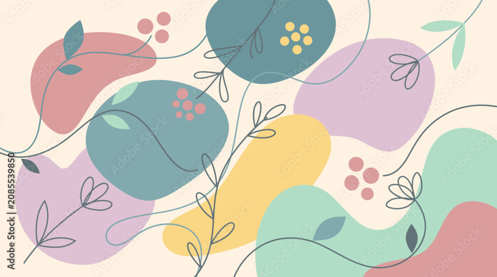Fototapeta premium Abstract floral pattern with organic shapes and soft pastel blobs, delicate line art botanical elements for modern design projects, greeting cards, social media posts, and creative digital wallpaper a