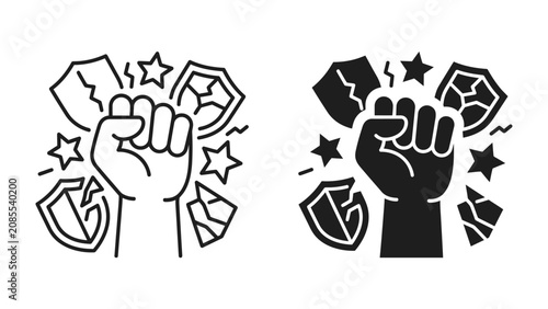 Принти на полотні Fist of Power Icon: A graphic illustration of a clenched fist raised in defiance, surrounded by stars and shields symbolizing strength and protection, presented in both outline and solid black styles