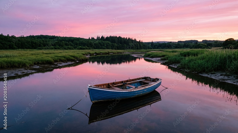 Obraz premium Blue wooden rowboat floating on a calm river at sunset, beautiful vibrant pink sky reflection in the water, peaceful landscape scenery