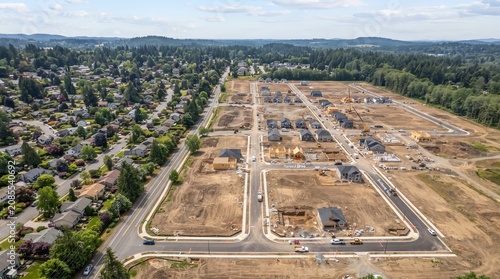 New Housing Development: An aerial view showcases a sprawling new housing development with rows of unfinished homes under construction, surrounded by mature trees and existing suburban neighborhoods.