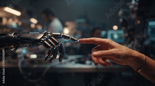 Humanity Meets Machine: A close-up shot captures the intimate moment of a human finger touching the metallic fingertip of a robotic hand, symbolizing the intersection of technology and humanity.