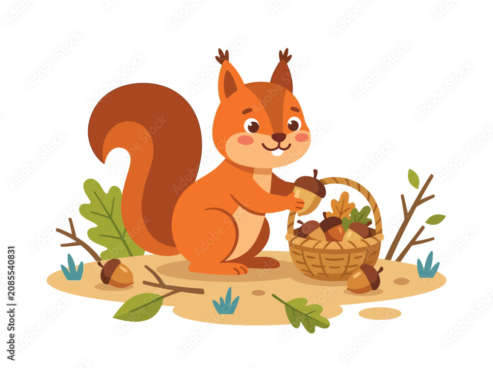 Fototapeta premium Cute Squirrel Character Gathering Acorns in a Basket - Autumn Harvest Illustration