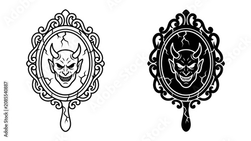 Billede på lærred Devil Reflection: A stylized illustration of a devil's face reflected in a cracked, ornate mirror, presented in both a black and white outline and a silhouette version