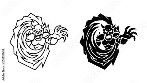 Fotografi Demonic Swirl Mascot: A menacing demon character with sharp claws, glowing eyes, and horned head emerges from a swirling vortex of energy, presented in both line art and silhouette