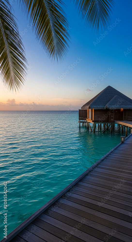 Fototapeta premium Ocean bungalow on stilts over turquoise water at sunset, framed by palm fronds, symbolizing tropical paradise and tranquil escape