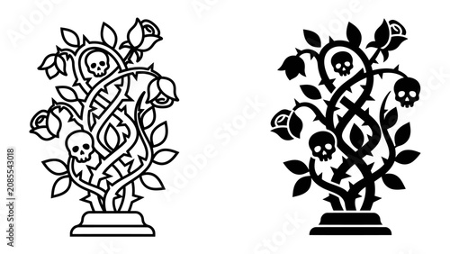 Fotografie Gothic Rose and Skull Arrangement: An artistic representation of a rose bush entwined with skulls, symbolizing beauty and mortality, presented in both outline and silhouette styles