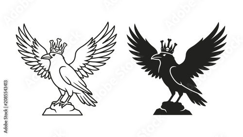 Fényképezés Raven King Silhouette and Outline: A regal raven wearing a crown stands majestically on a rock, with its wings spread wide in both a detailed outline and a striking silhouette