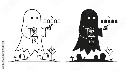 Bild auf Leinwand Two ghosts with lanterns and gravestones, one black and one white