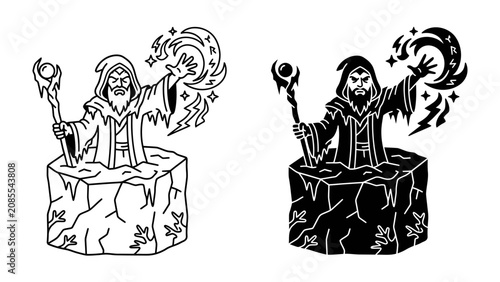 Foto Mystical Wizard and Magic Staff: A graphic illustration of a powerful wizard, cloaked and bearded, conjuring mystical energy with a magic staff and celestial symbols