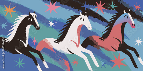 Bild auf Leinwand Three Stylized Horses Vector Illustration With Colorful Background