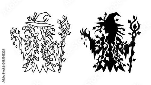 Obraz na plátně Mystical Nature Guardian: A stylized illustration depicts a benevolent witch entwined with vines and leaves, holding a gnarled staff, symbolizing the spirit of nature's magic