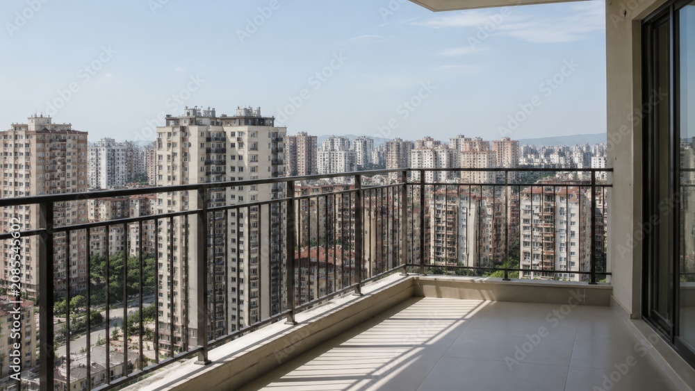 Fototapeta premium Empty high-rise balcony with metal railings overlooking a dense urban cityscape of apartment buildings under a hazy blue sky on a clear day, underscoring the apartments