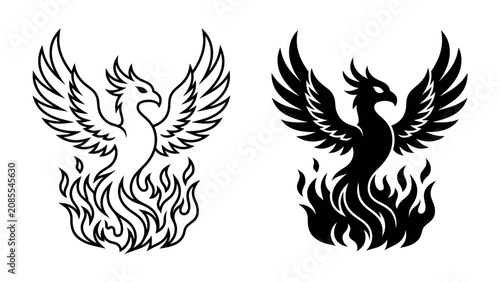 Fotografie Phoenix Rising: A mythical phoenix in black and white, perched amidst a fiery blaze, symbolizing rebirth and resilience