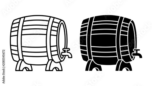 Bilde på lerret Wooden Barrels with Spigot: A pair of classic wooden barrels, one outlined and one in silhouette, each featuring a spigot for dispensing liquid