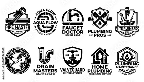 Tableau sur toile Logos of Plumbing Companies with Various Symbols and Text Featuring Pipes, Wrenc