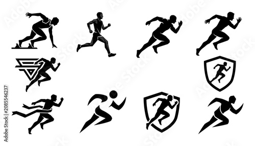 Fotografía Sports Athletes Pictogram Set with Running, Jumping, Tackling, and Shield Icons