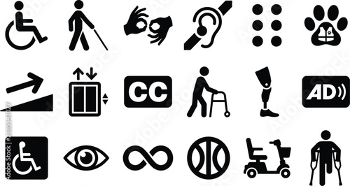 Universal accessibility and disability awareness symbols and icons with accessibility disability inclusive wheelchair language disabled assistance elevator prosthetic crutches infinity