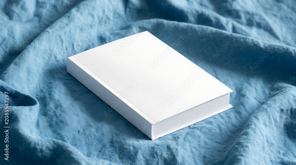 Fototapeta premium Empty white book cover mockup on blue bedding