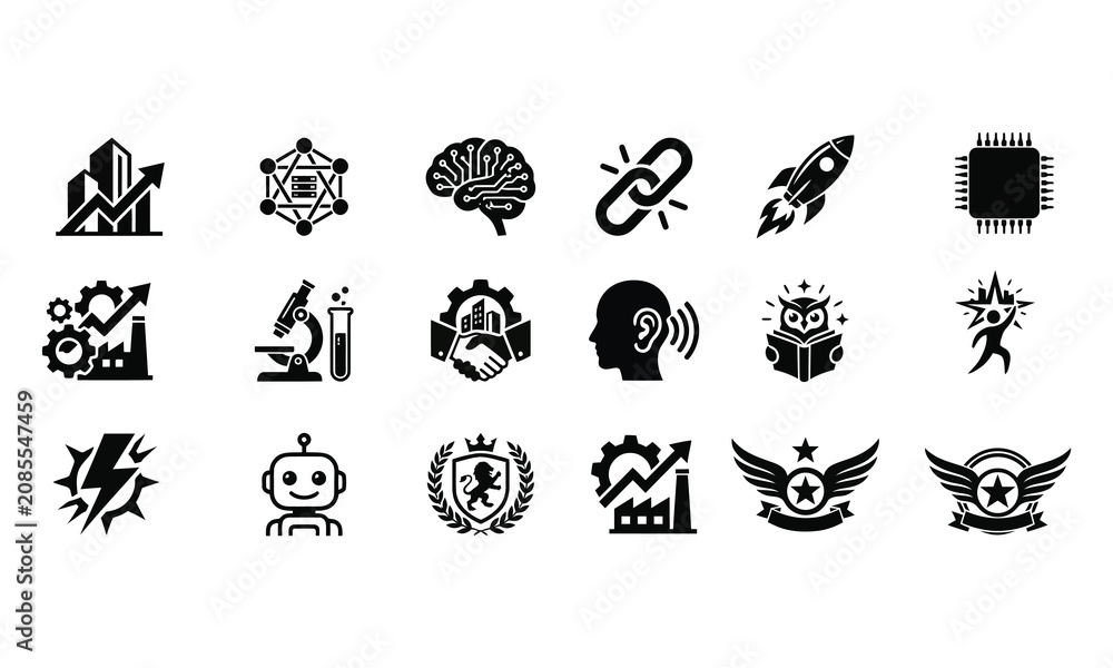 Fototapeta premium Technology, Business, and Science Silhouette Icon Set