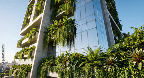 Modern sustainable skyscraper with vertical gardens and lush biofilic green architecture facade